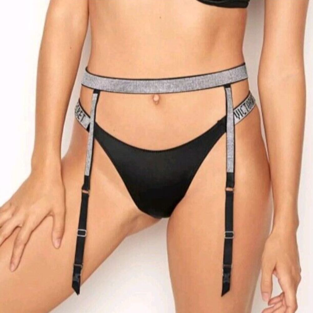 NWT Victoria Secret Very Sexy Shine Strap Garter Belt M/L Black Rhinestone Bling